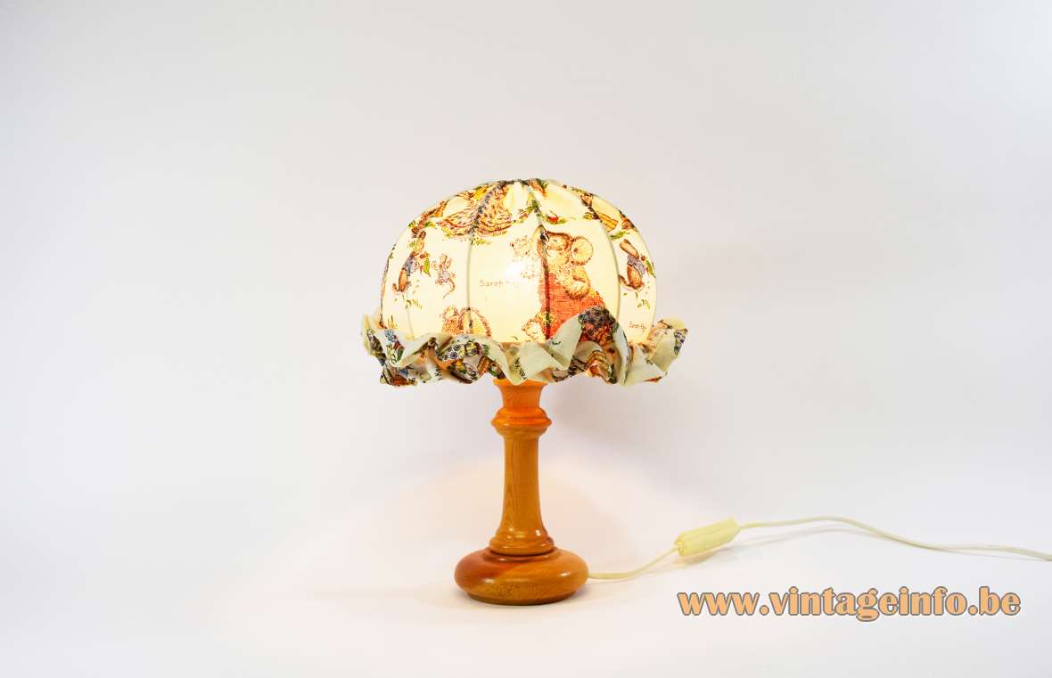 Sarah Kay table lamp round pine wood base fabric round printed lampshade 1970s MCM