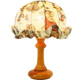 Sarah Kay table lamp round pine wood base fabric round printed lampshade 1970s MCM