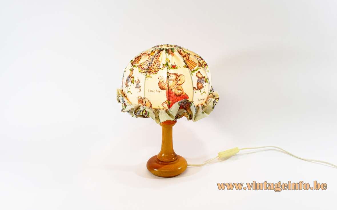 Sarah Kay table lamp round pine wood base fabric round printed lampshade 1970s MCM
