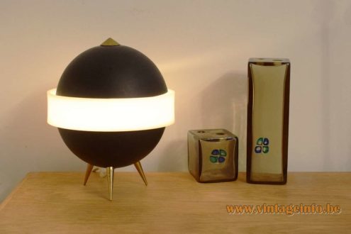 Saturn tripod table lamp black globe white acrylic ring 1950s 1960s Esperia Designer: Angelo Brotto Italy