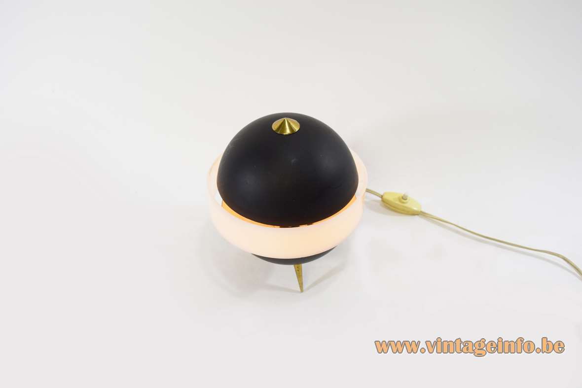 Saturn tripod table lamp black globe lampshade white acrylic ring design: Angelo Brotto 1950s 1960s Esperia