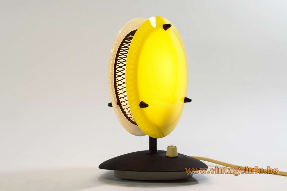 Télé Ambiance table lamp triangular black base yellow & white acrylic discs lampshade dimmer Gino Sarfatti 1950s 1960s
