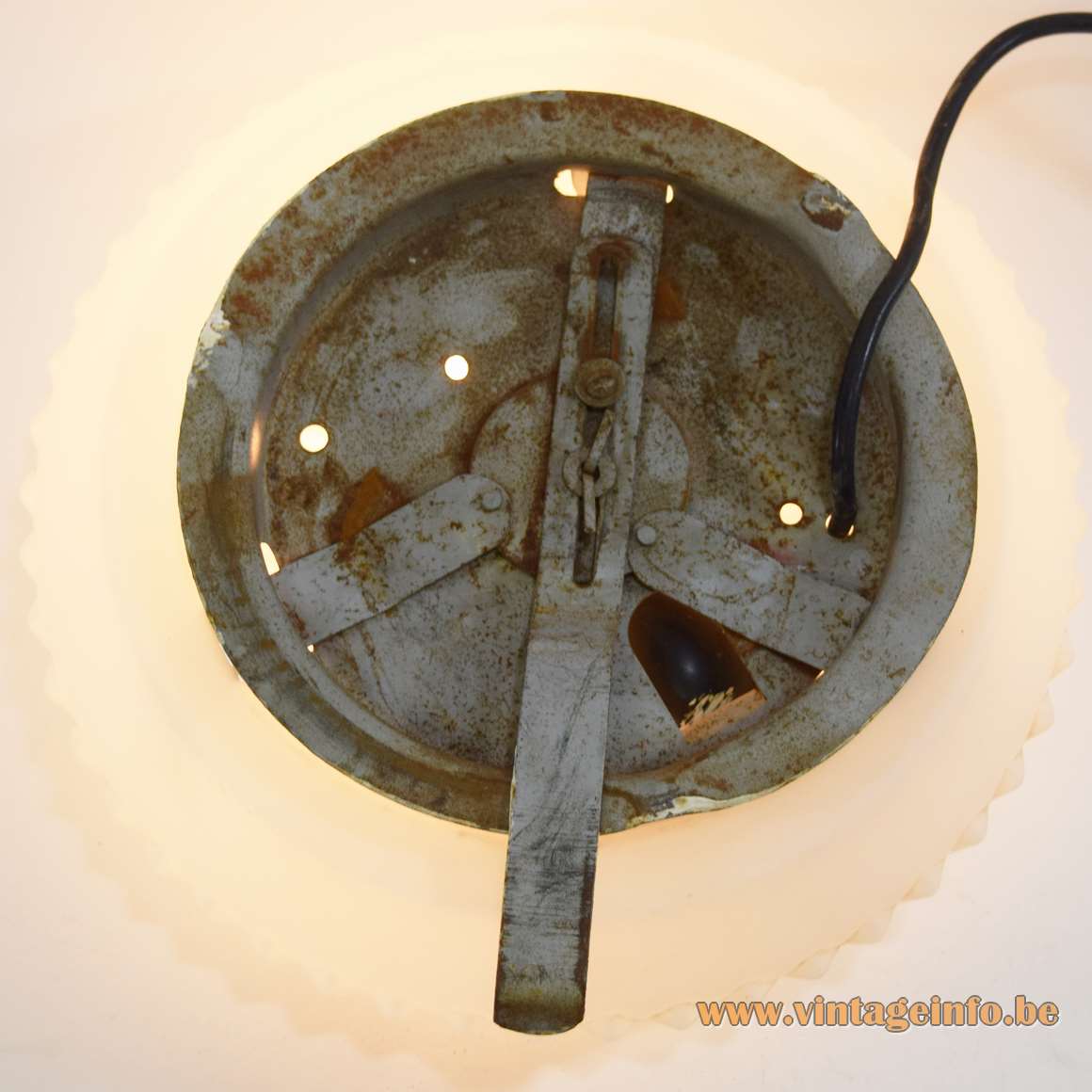 1950s Scandinavian ribbed flush mount round white opal glass wall lamp galvanized iron 1960s MCM