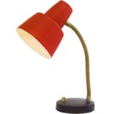 1960s wrinkle paint desk lamp black cast iron ERWI base brass gooseneck red lampshade Cosack Germany