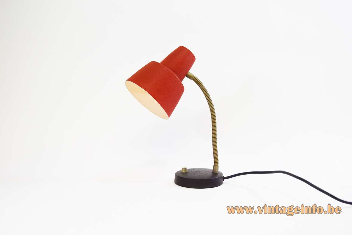 1960s wrinkle paint desk lamp black cast iron ERWI base brass gooseneck red lampshade Cosack Germany