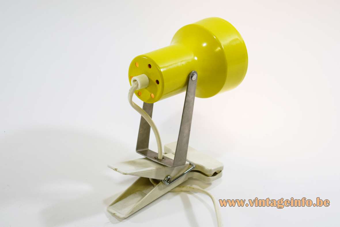 1970s clothespin clamp lamp plastic wash pin folded chrome slat yellow aluminium lampshade E14 socket Massive 