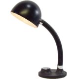 1970s Hillebrand desk lamp model 7403 round black cast iron base gooseneck round lampshade vintage MCM