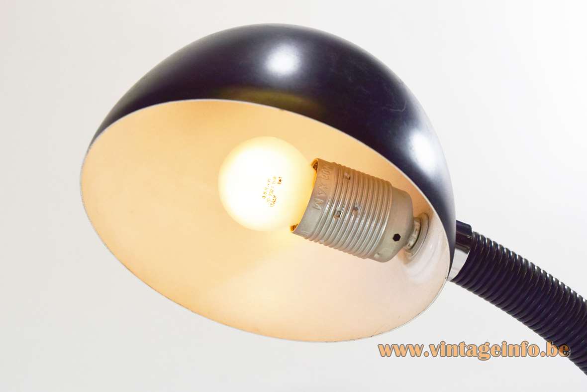 1970s Hillebrand desk lamp model 7403 round black cast iron base gooseneck round lampshade vintage lampshade