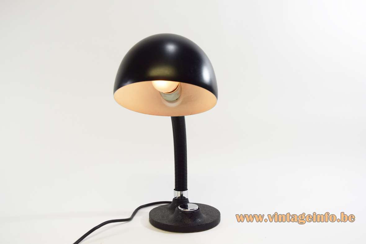 1970s Hillebrand desk lamp model 7403 round black cast iron base gooseneck round lampshade vintage MCM