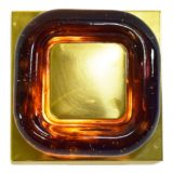 1970s square brass & glass wall lamp design: Helena Tynell brown amber bubble glass lampshade Glashütte Limburg