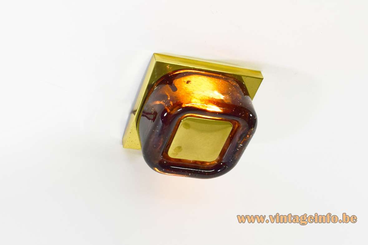 1970s square brass & glass wall lamp design: Helena Tynell brown amber bubble glass lampshade Glashütte Limburg