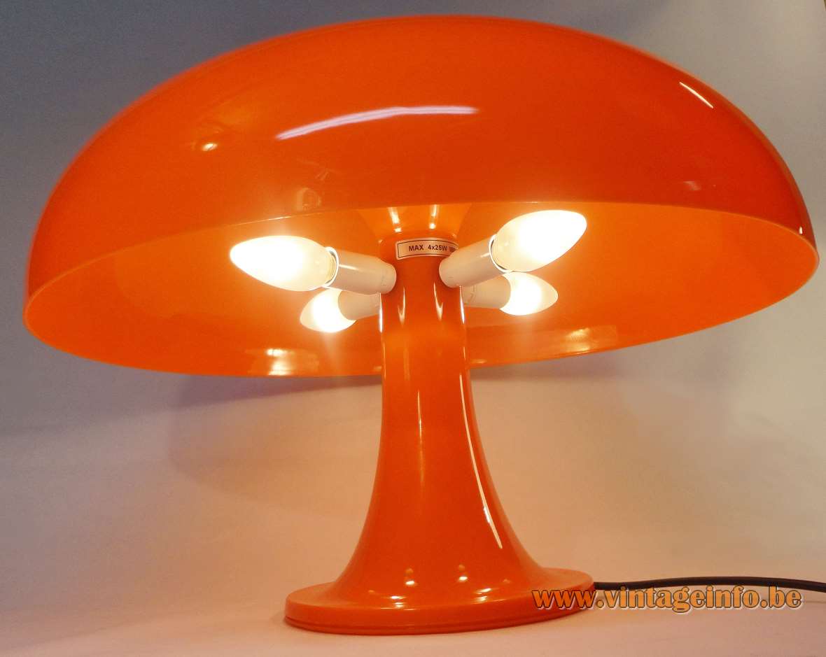 Artemide Nesso table lamp orange ABS plastic base mushroom lampshade 1960s design 3 E14 sockets Italy 
