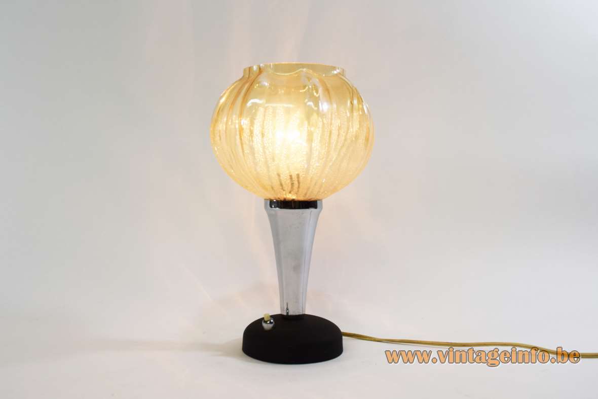 Black and chromed metal table lamp cast iron base conical tube globe glass lampshade 1960s 1970s