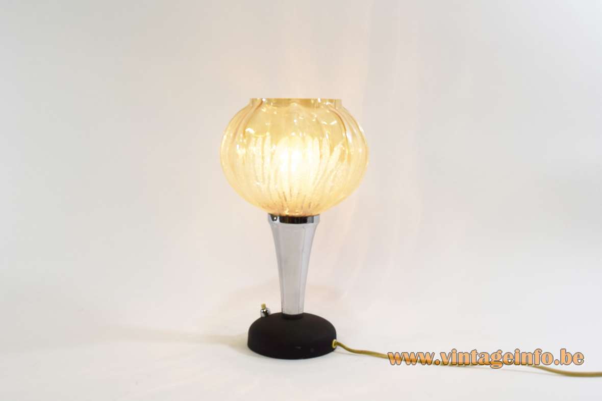 Black and chromed metal table lamp cast iron base conical tube globe glass lampshade 1960s 1970s