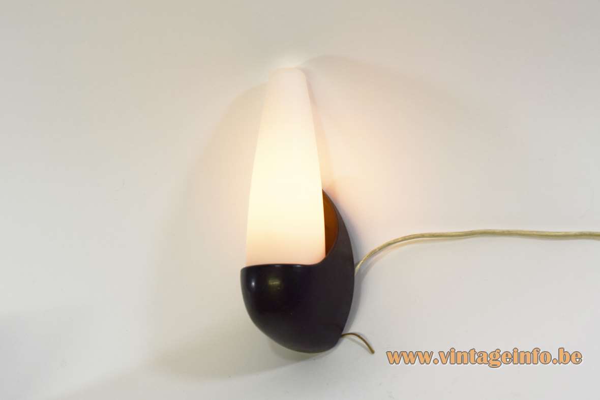 Bo-Niko wall lamp black Bakelite white mat conical frosted opal glass Sint Niklaas Belgium 1960s MCM