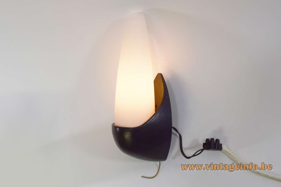 Bo-Niko wall lamp black Bakelite white mat conical frosted opal glass Sint Niklaas Belgium 1960s MCM