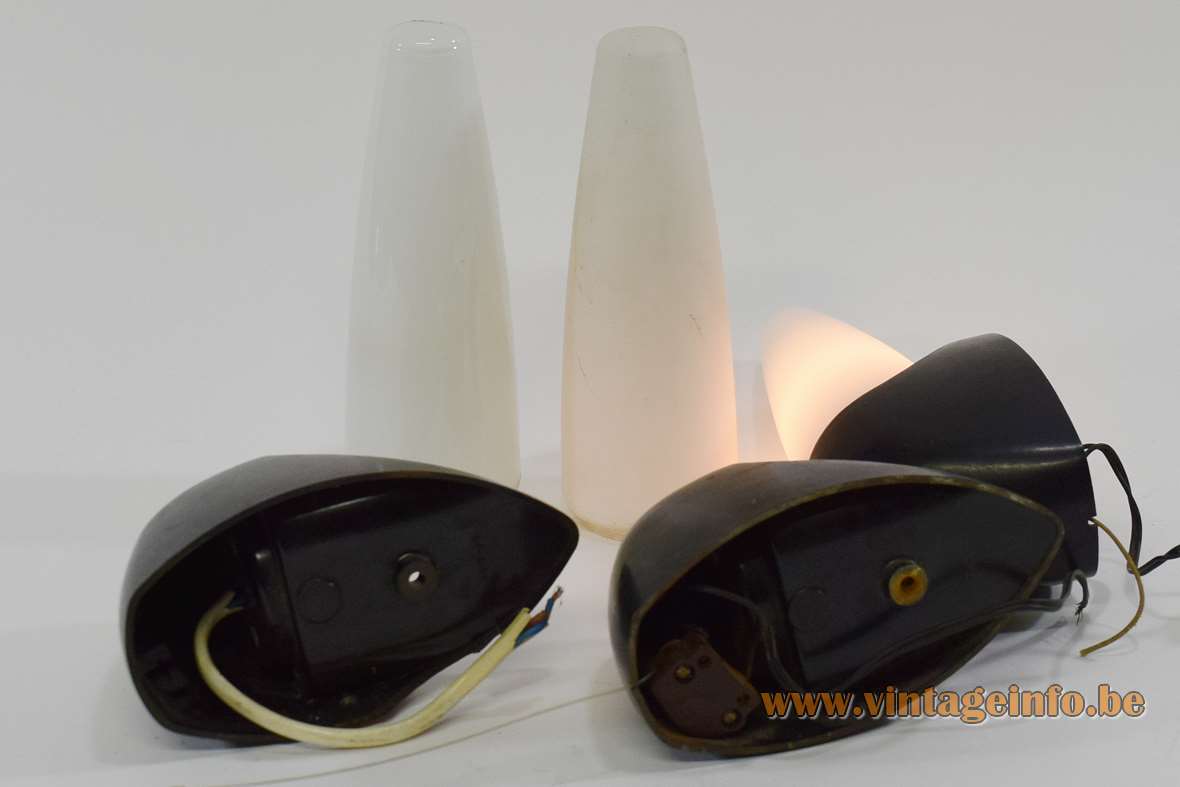 Bo-Niko wall lamps black Bakelite white mat/frosted opal glass Sint Niklaas Belgium 1960s MCM