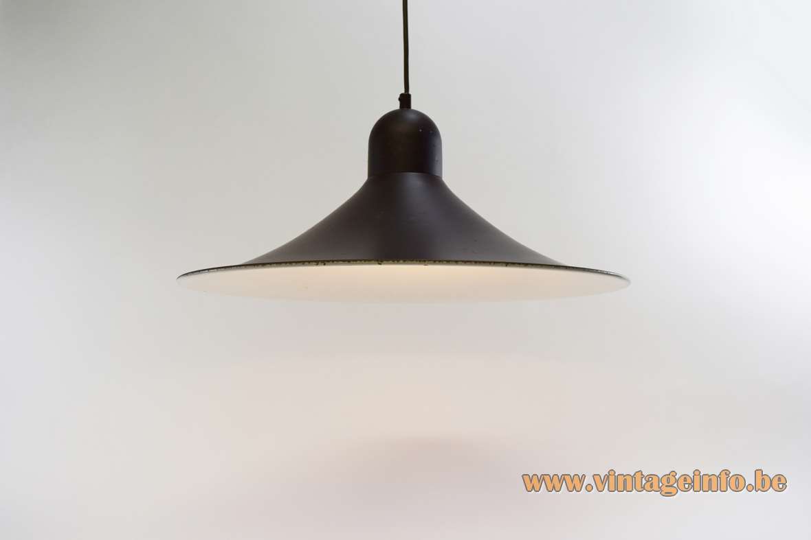 Brown witch hat pendant lamp round metal iron lampshade white inside Massive 1970s 1980s vintage MCM