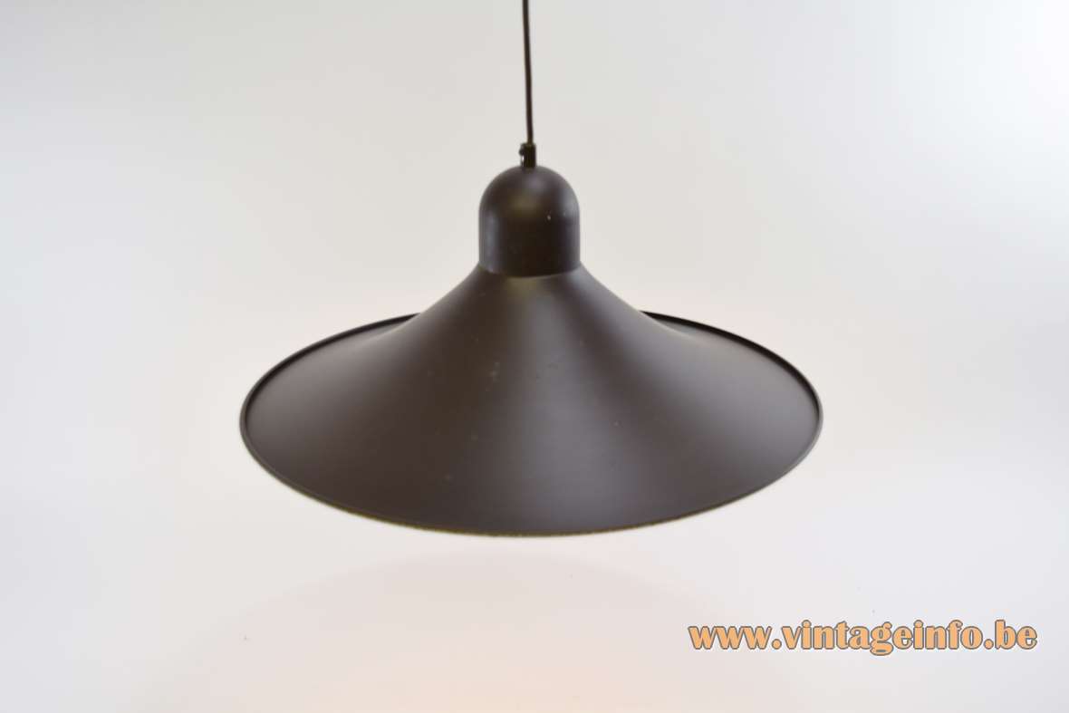 Brown witch hat pendant lamp round metal iron lampshade white inside Massive 1970s 1980s vintage MCM