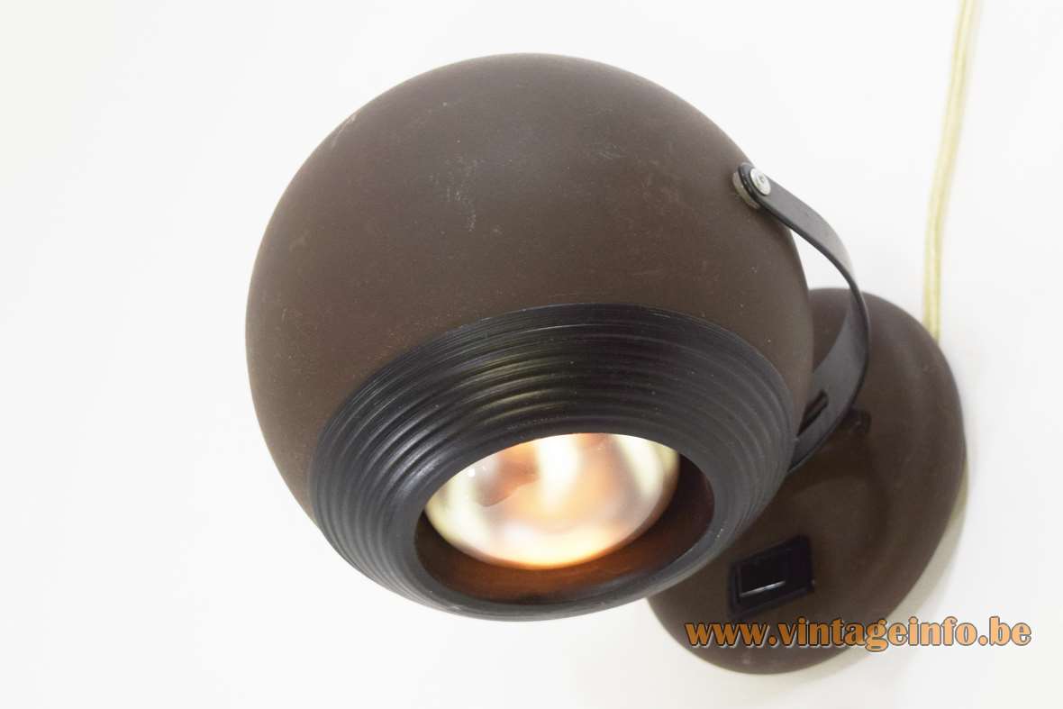 EH Leuchten eyeball wall lamp adjustable brown globe lampshade black metal 1970s 1980s Germany E27 socket