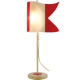 Red and white flag table lamp round travertine limestone base curved acrylic Perspex lampshade 1970s 1980s