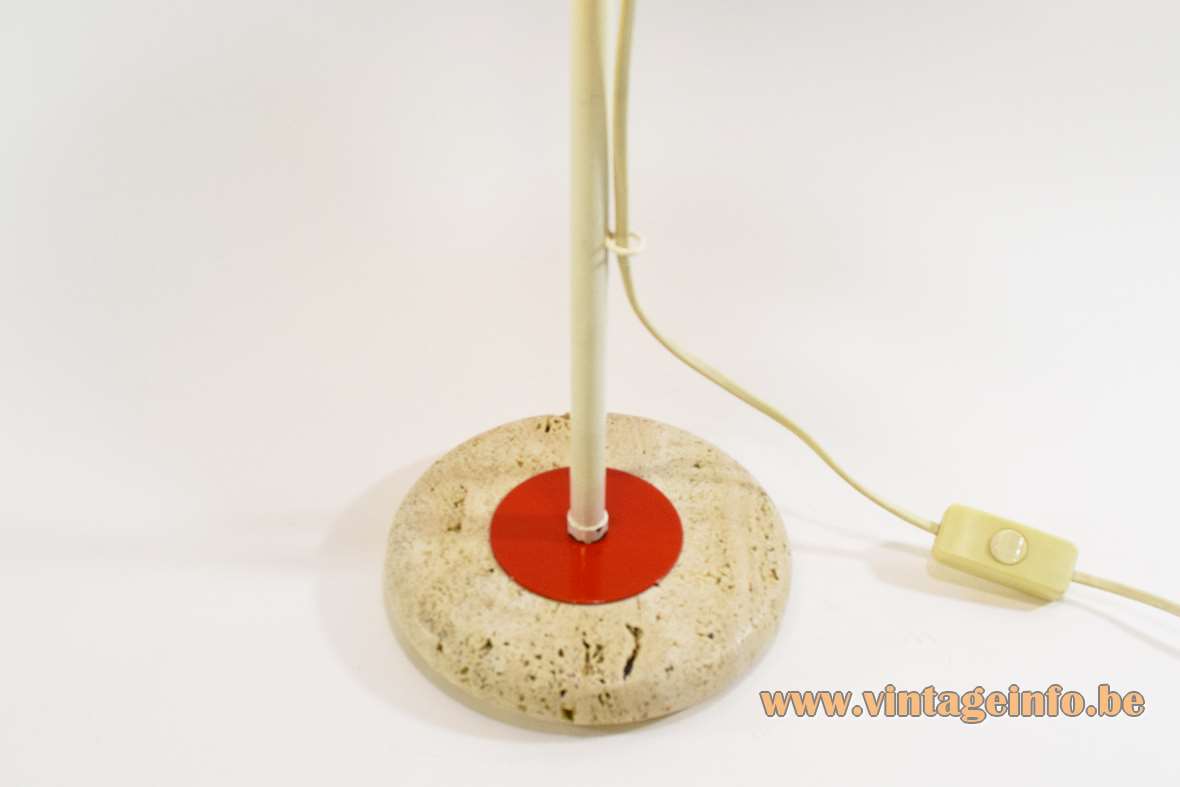 Red and white flag table lamp round beige travertine limestone metal ring white rod 1970s 1980s