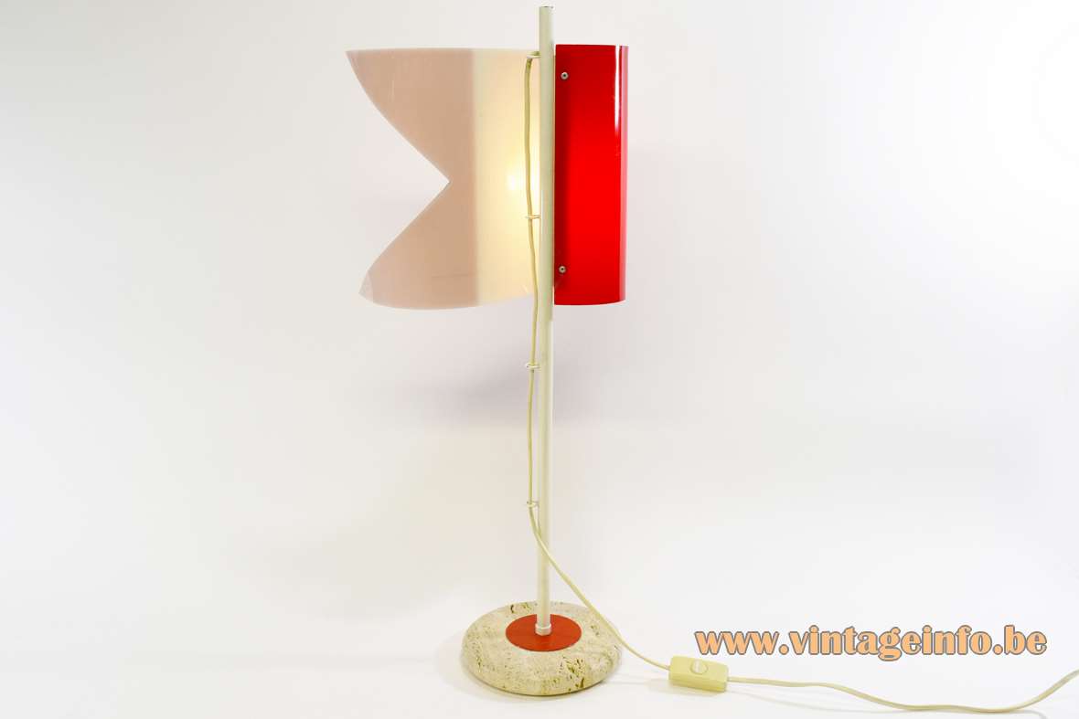 Red and white flag table lamp round travertine limestone base curved acrylic Perspex lampshade 1970s 1980s