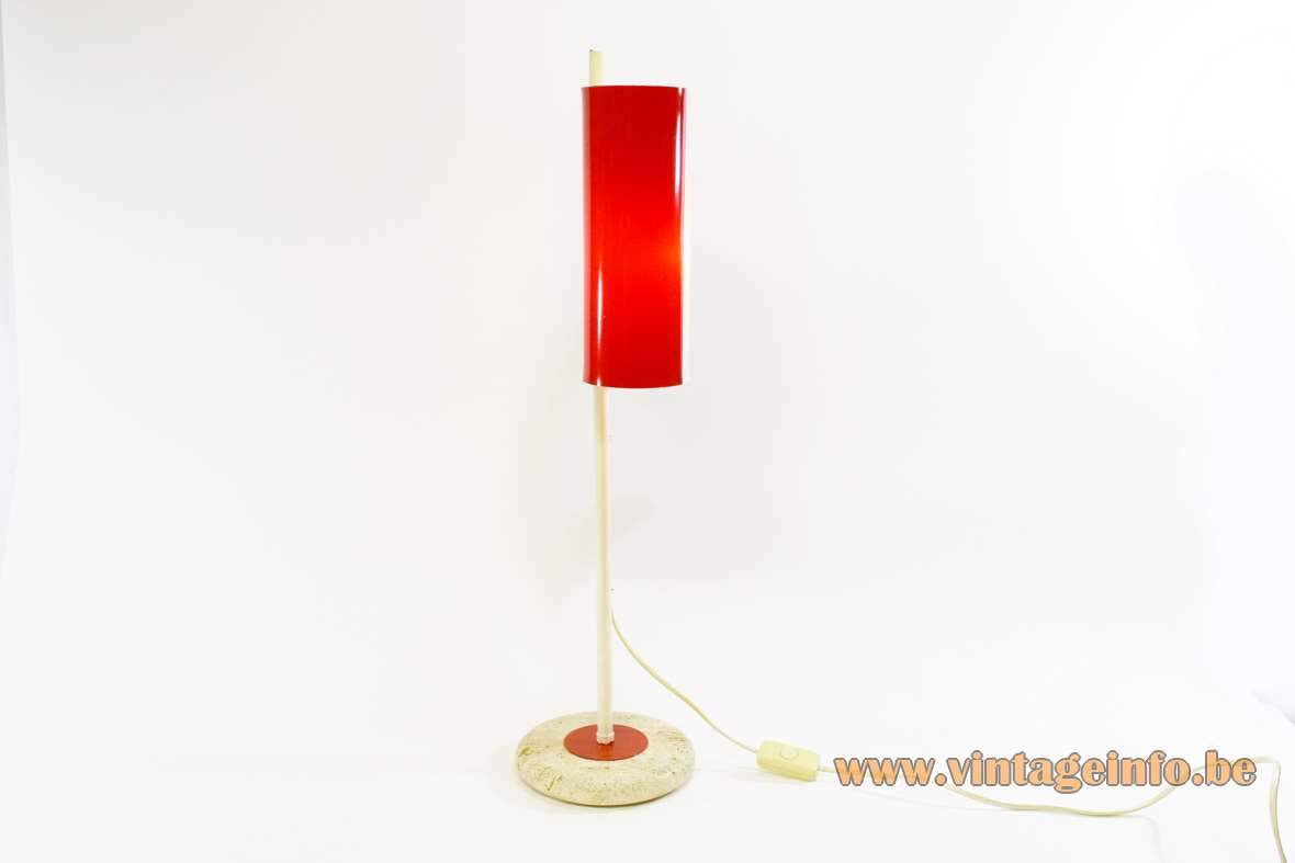 Red and white flag table lamp round travertine limestone base curved acrylic Perspex lampshade 1970s 1980s