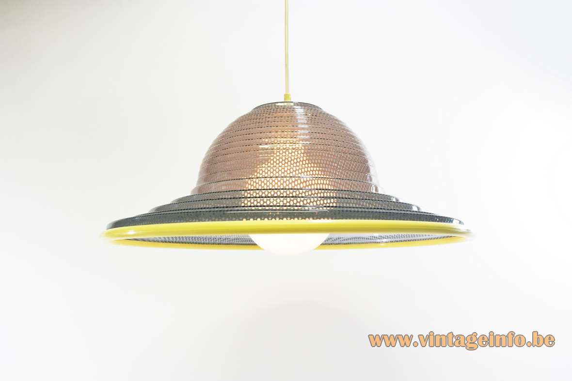 Gauze pendant lamp grey round lampshade perforated and translucent plastic acrylic Perspex yellow rim 1980s 1990s