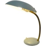 Massive 1960s desk lamp Louis Kalff Philips round base brass gooseneck blue-green mushroom lampshade 1970s