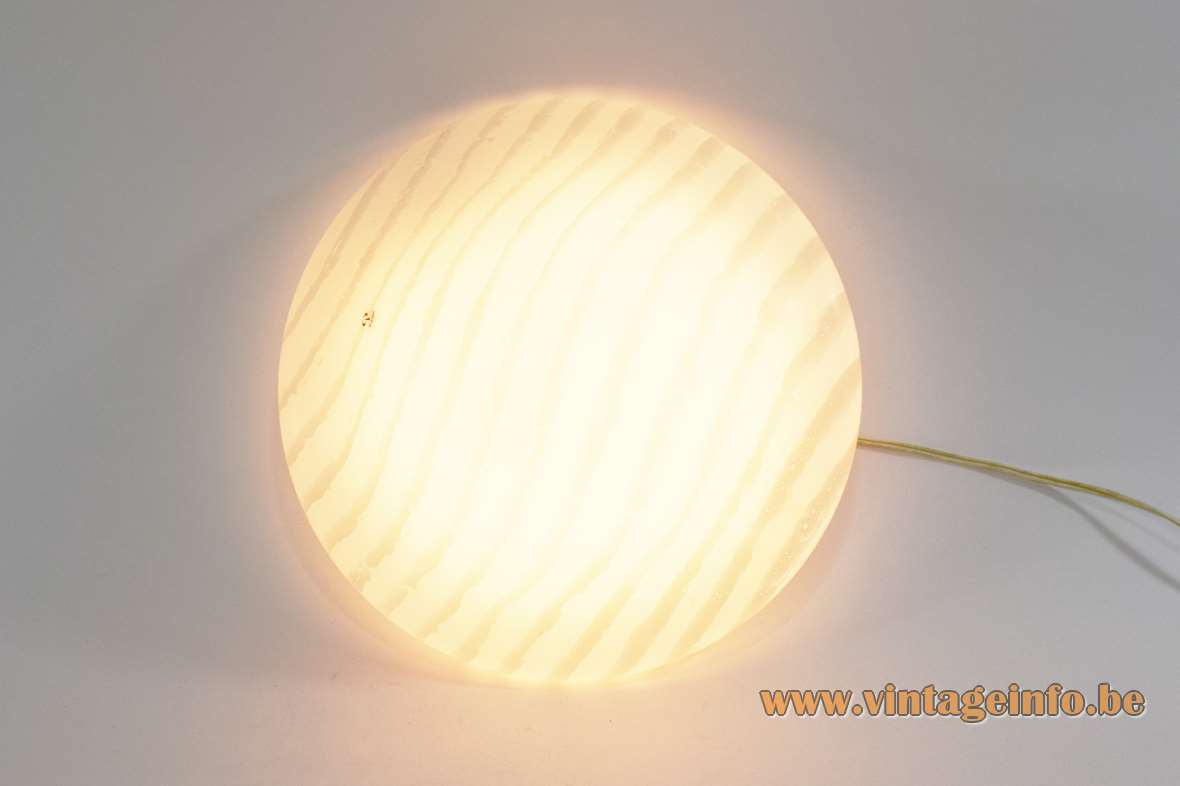 Peill + Putzler white striped flush mount round curved glass lampshade 1970s 1980s Germany E27 socket vintage 