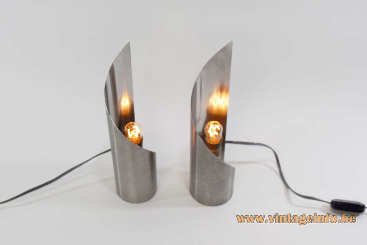 Stainless steel table lamps brushed Inox swirling turned twisted metal lampshade 1970s Oxar Uginox France