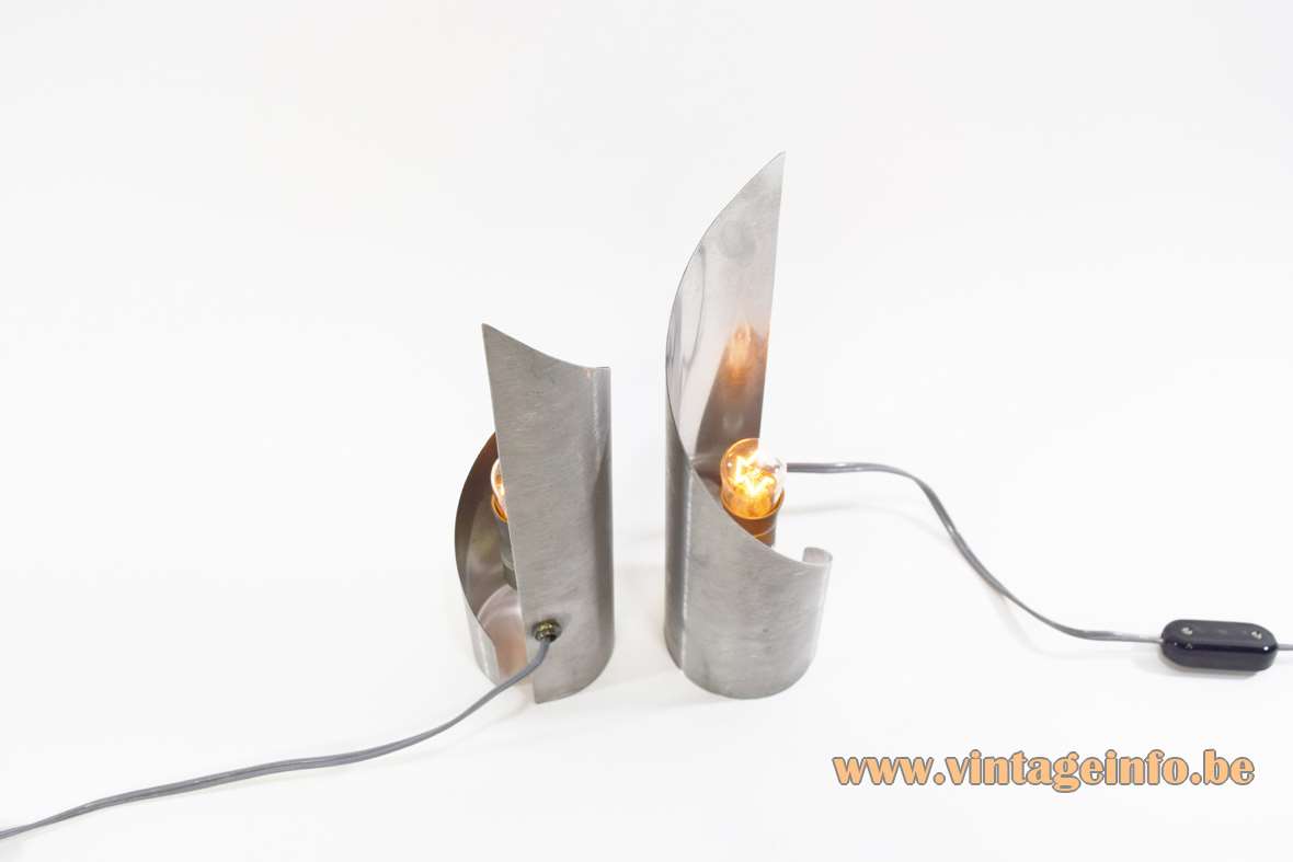 Stainless steel table lamps brushed Inox swirling turned twisted metal lampshade 1970s Oxar Uginox France