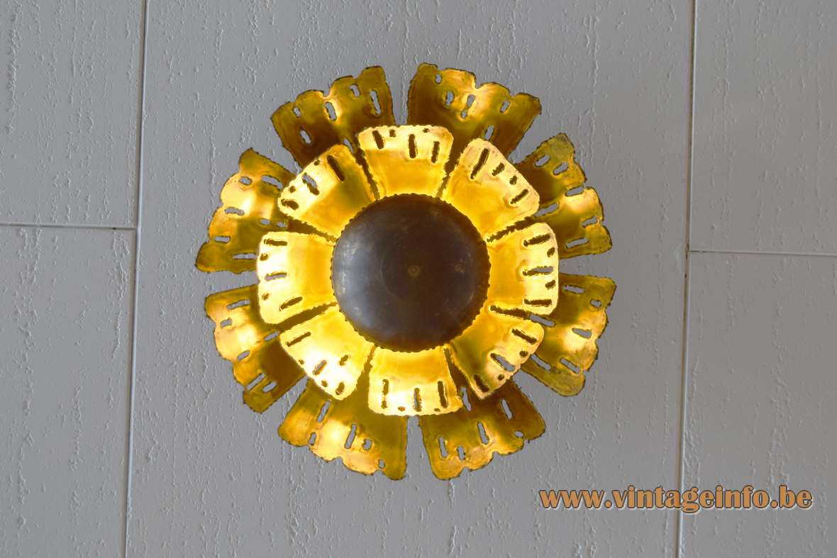 Svend Aage Holm Sørensen brass flush mount round brutalist flower sunburst ceiling lamp 1960s 1970s Denmark
