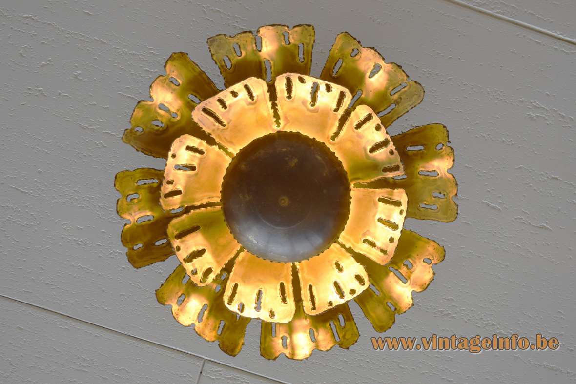 Svend Aage Holm Sørensen brass flush mount round brutalist flower sunburst ceiling lamp 1960s 1970s Denmark