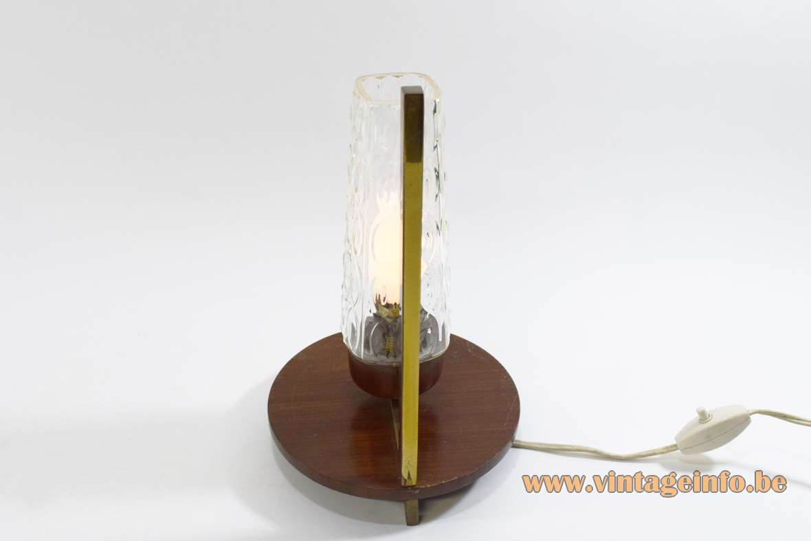 1950s brass and wood bedside table lamp tripod teak base conical glass lampshade rectangular rod Massive