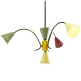 1950s Italian perforated chandelier conical lampshades in red green yellow brass curved rods 1940s 1960s vintage