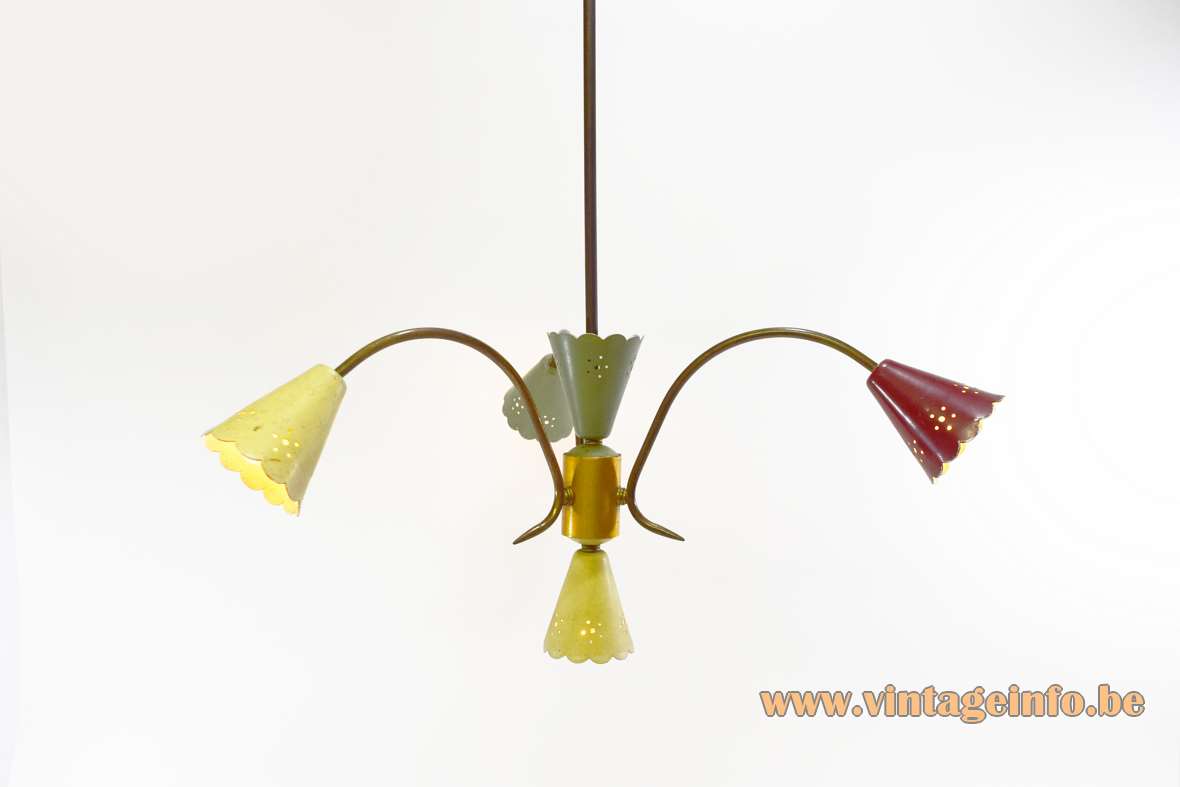 1950s Italian perforated chandelier conical lampshades in red green yellow brass curved rods 1940s 1960s vintage