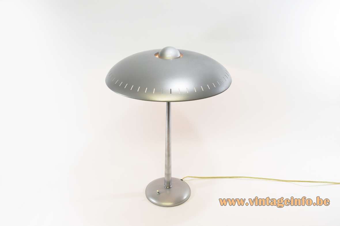 1950s Louis Kalff desk lamp round base conical rod silver mushroom lampshade elongated slots Philips 1960s