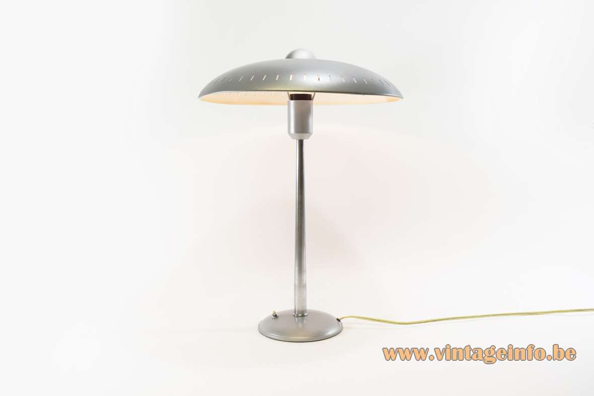 1950s Louis Kalff desk lamp round base conical rod silver mushroom lampshade elongated slots Philips 1960s