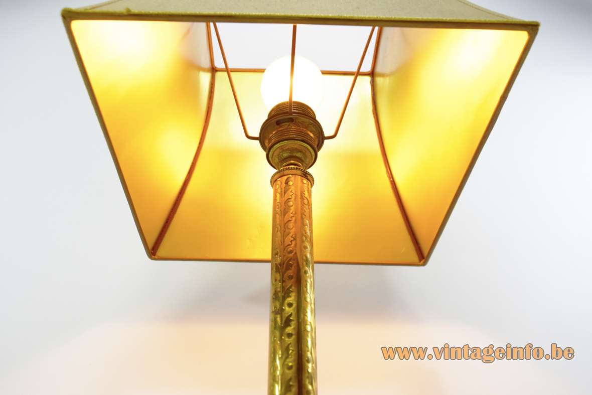 1960s brass & onyx table lamp square moulded base leaves patterned rod fabric lampshade 1970s socket