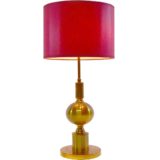 1960s brass table lamp varnished round base & globe tubular fabric lampshade 1960s 1970s Boulanger Belgium