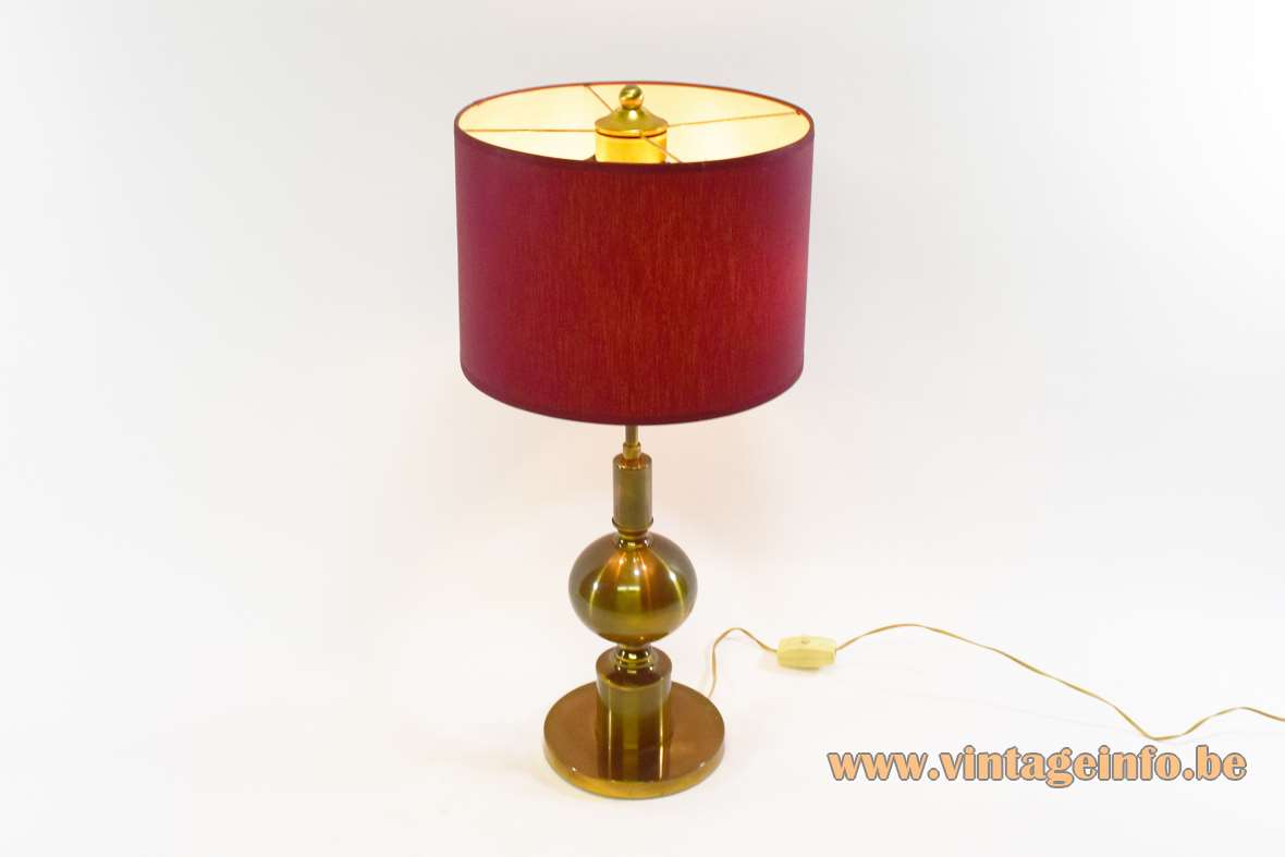 1960s brass table lamp varnished round base globe tubular fabric lampshade 1960s 1970s Massive Belgium vintage