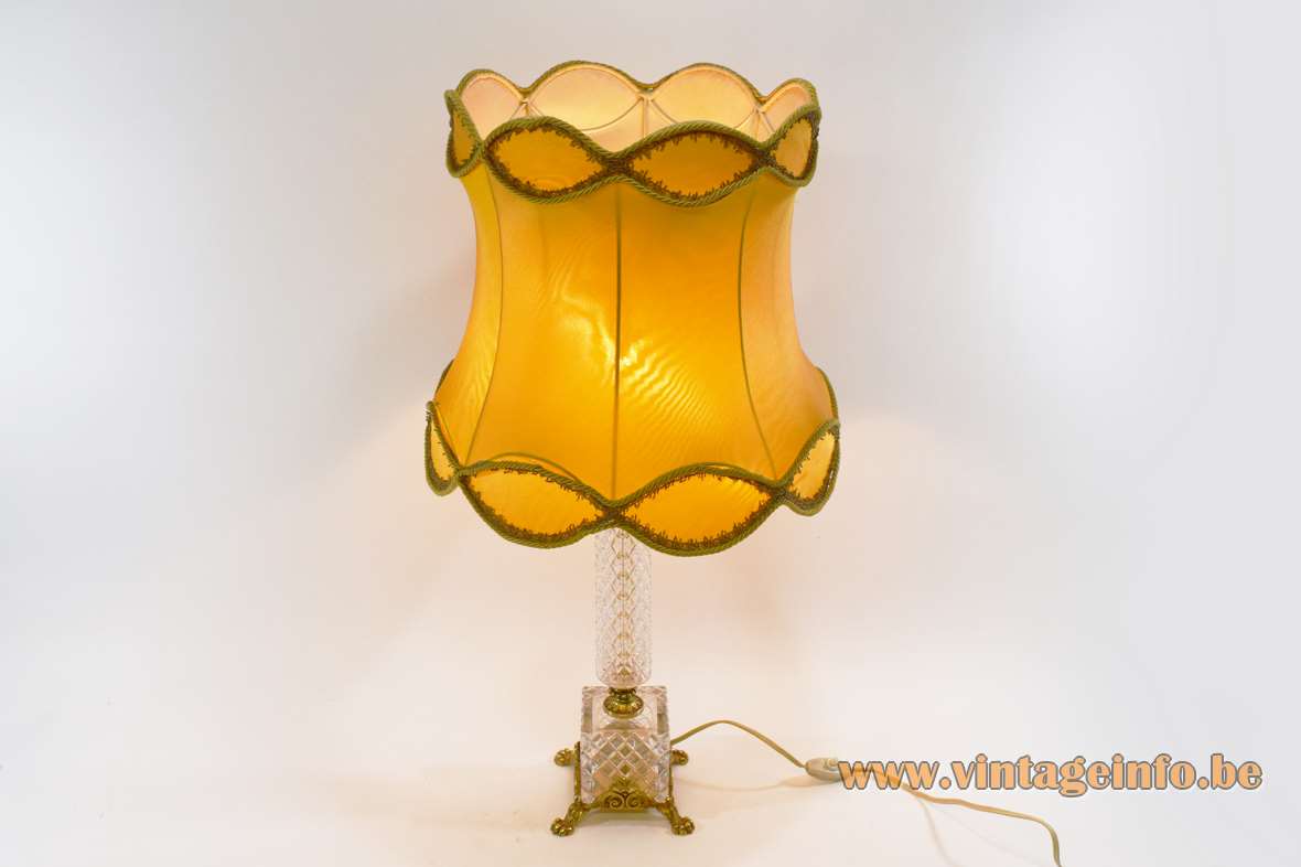 1960s crystal & brass table lamp square glass cube base ormolu feet fabric lampshade Boulanger Belgium 1970s