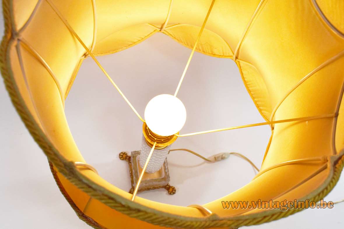1960s crystal & brass table lamp top view concave gold-yellow fabric lampshade Boulanger Belgium 1970s