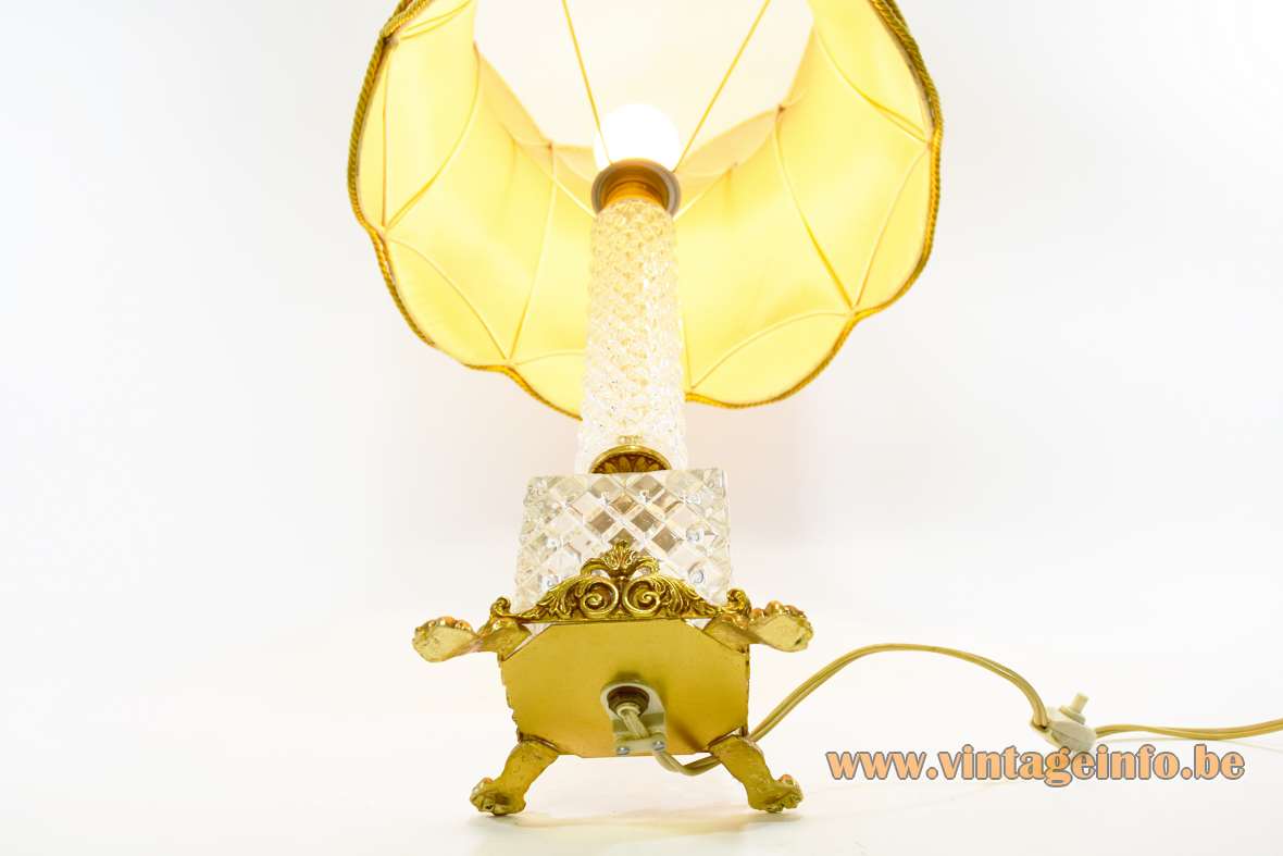 1960s crystal & brass table lamp square glass cube base ormolu feet fabric lampshade Boulanger Belgium 1970s
