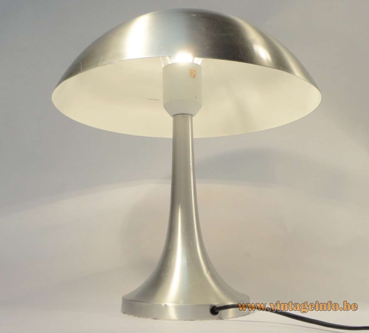 1960s Louis Kalff desk lamp conical base brushed aluminium mushroom lampshade Philips 1970s silver tipped bulb