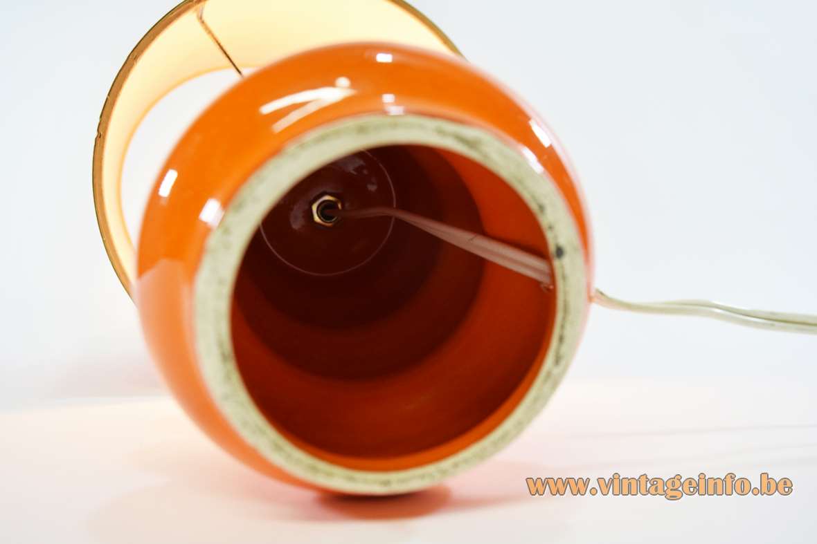 1970s orange ceramic table Lamp 3 rings orange lampshade with golden rings Massive Belgium 1960s bottom