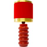 1970s red ceramic table lamp round base 5 rings fabric lampshade golden rims Massive 1960s vintage
