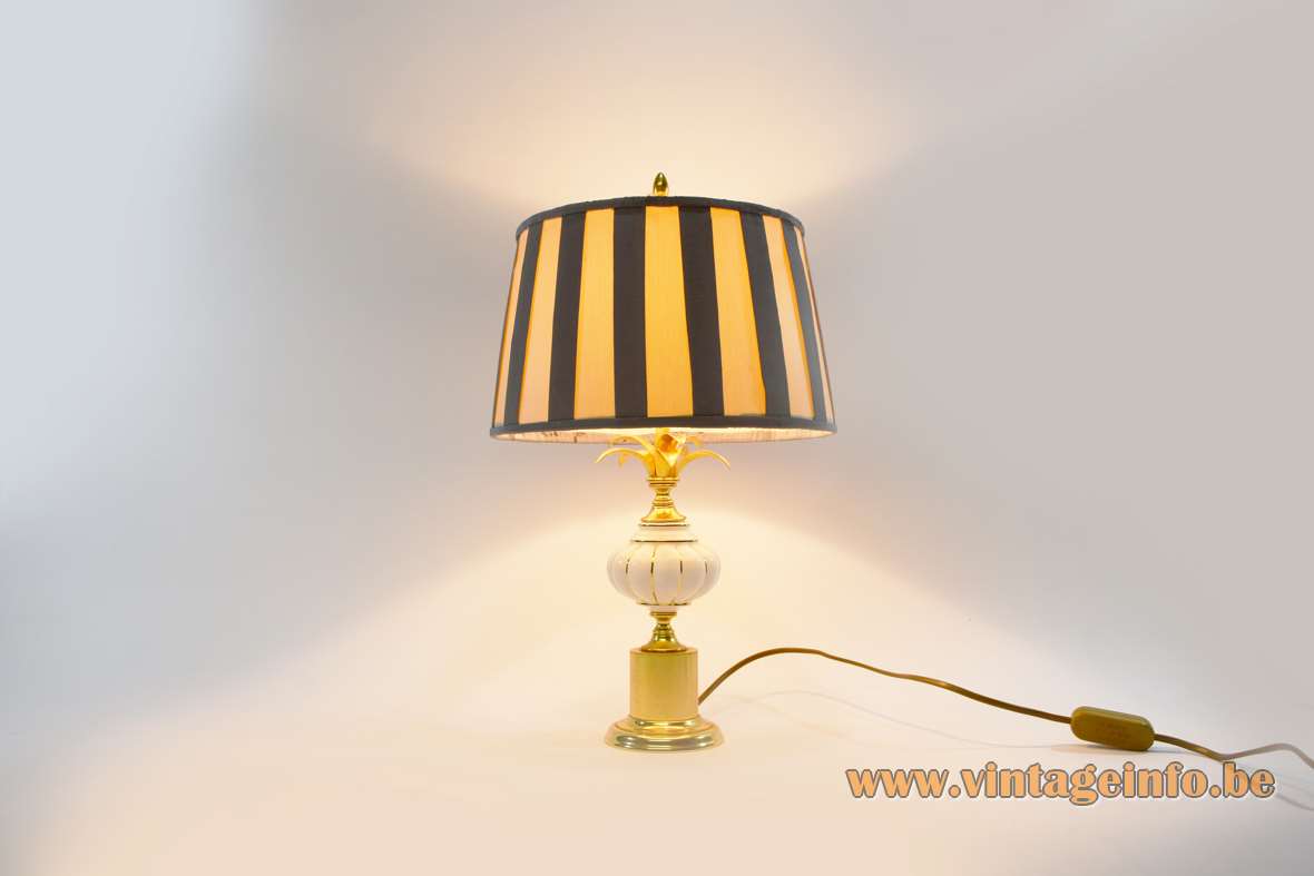 1980s reed table lamp brass base porcelain pumpkin palm leaves striped fabric lampshade Massive Belgium 1990s 